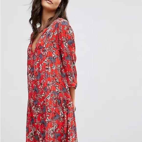 BA&SH Eve Smoked Tunic Dress Red Floral Large - Picture 3 of 8